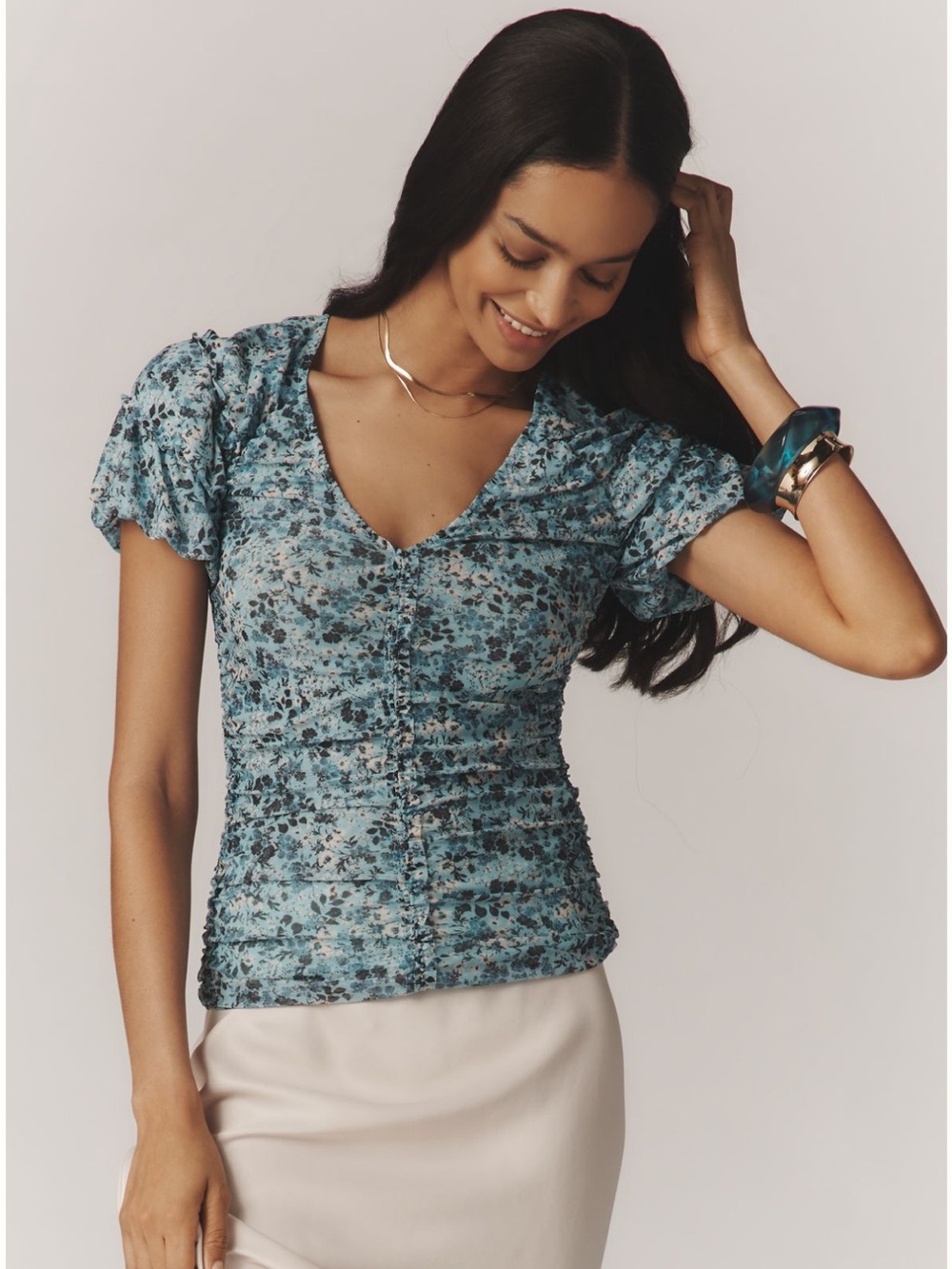 Anthropologie Short Sleeve Shirred Mesh Top | Size Medium